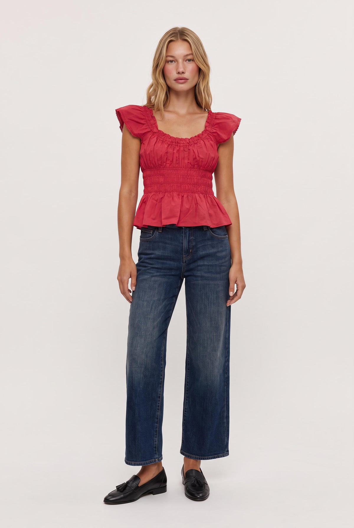[RED] model wearing Janaina Ruched Top posing Front View