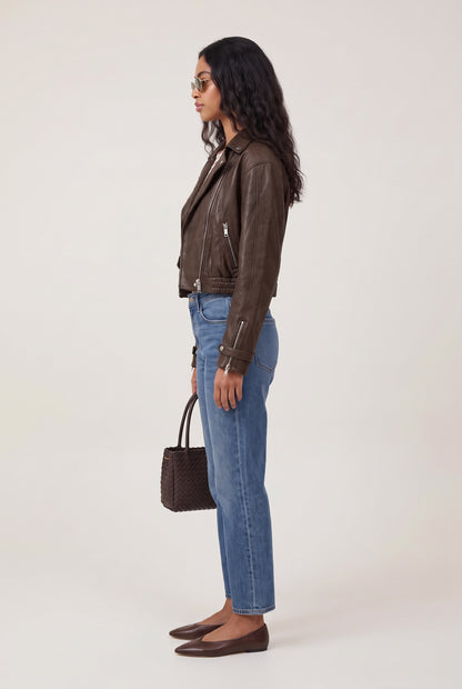 
model wearing High Rise Slim Wide Crop posing Side View
