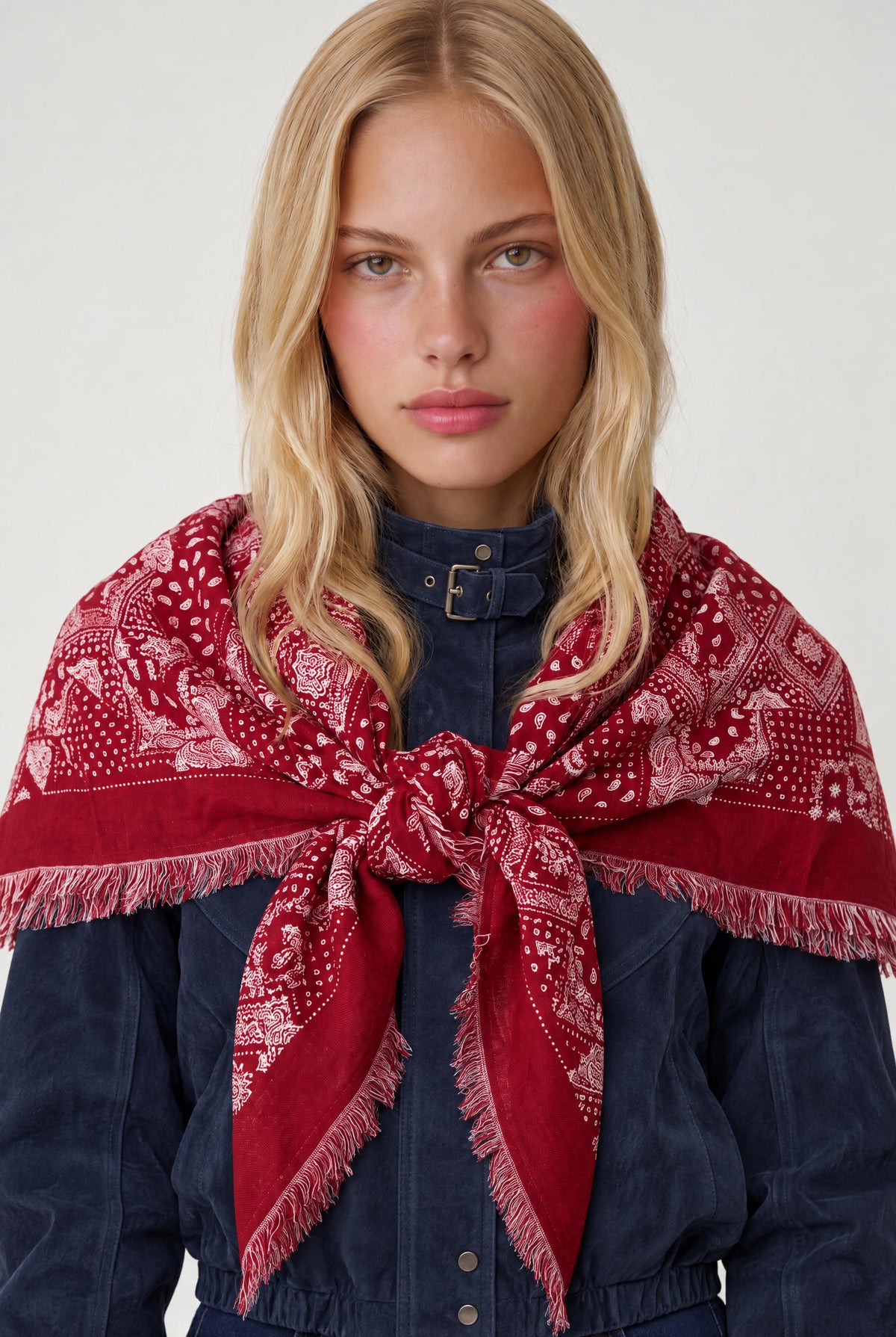 [BURG] model wearing Baily Bandana Scarf W Fringe posing Front View