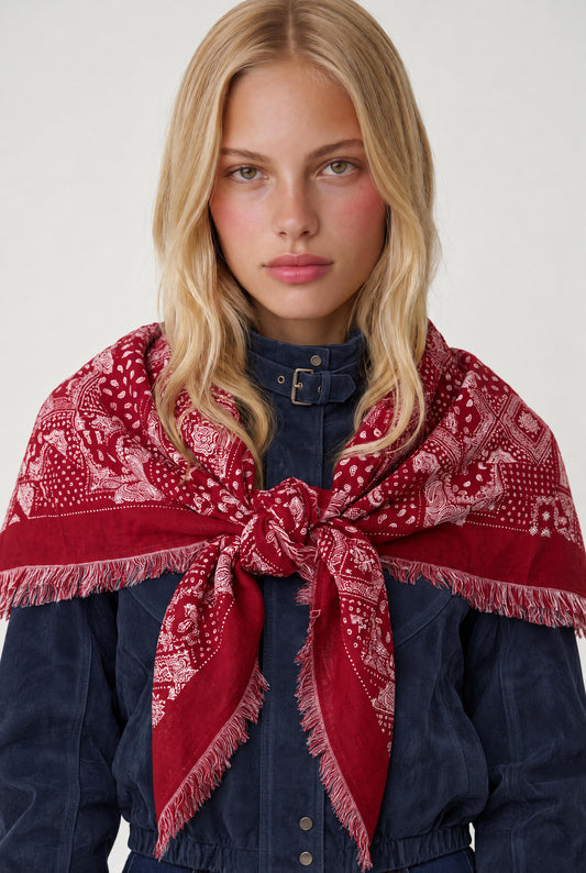 
model wearing Baily Bandana Scarf W Fringe posing Front View