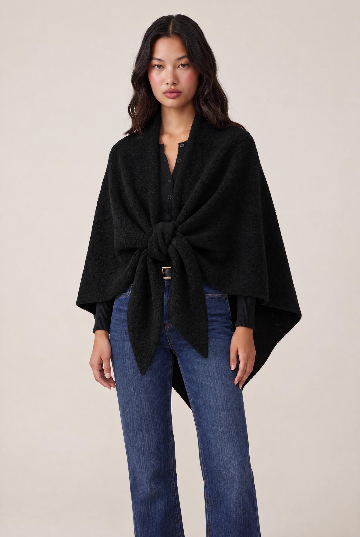 [BLACK] model wearing Dakota Poncho Scarf posing Front View