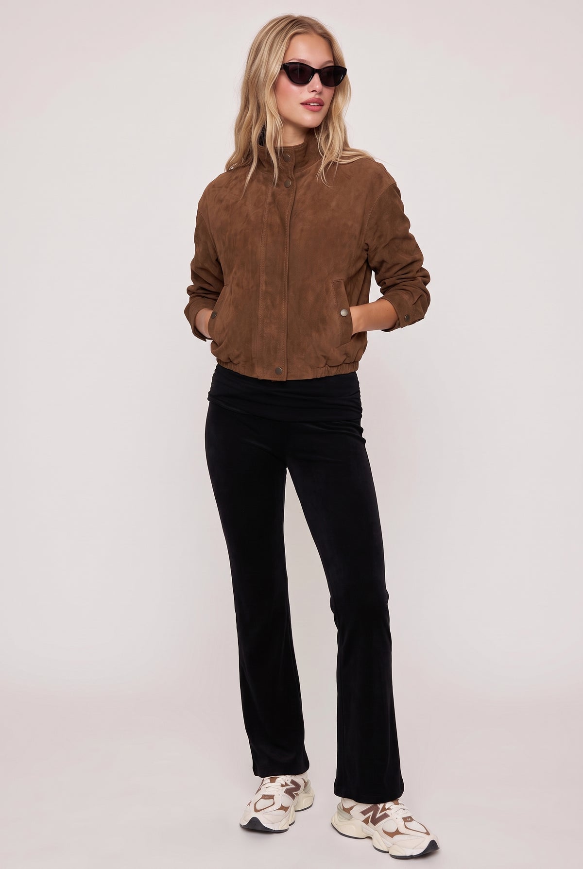 
model wearing Jayce Roll Over Pant posing Front View