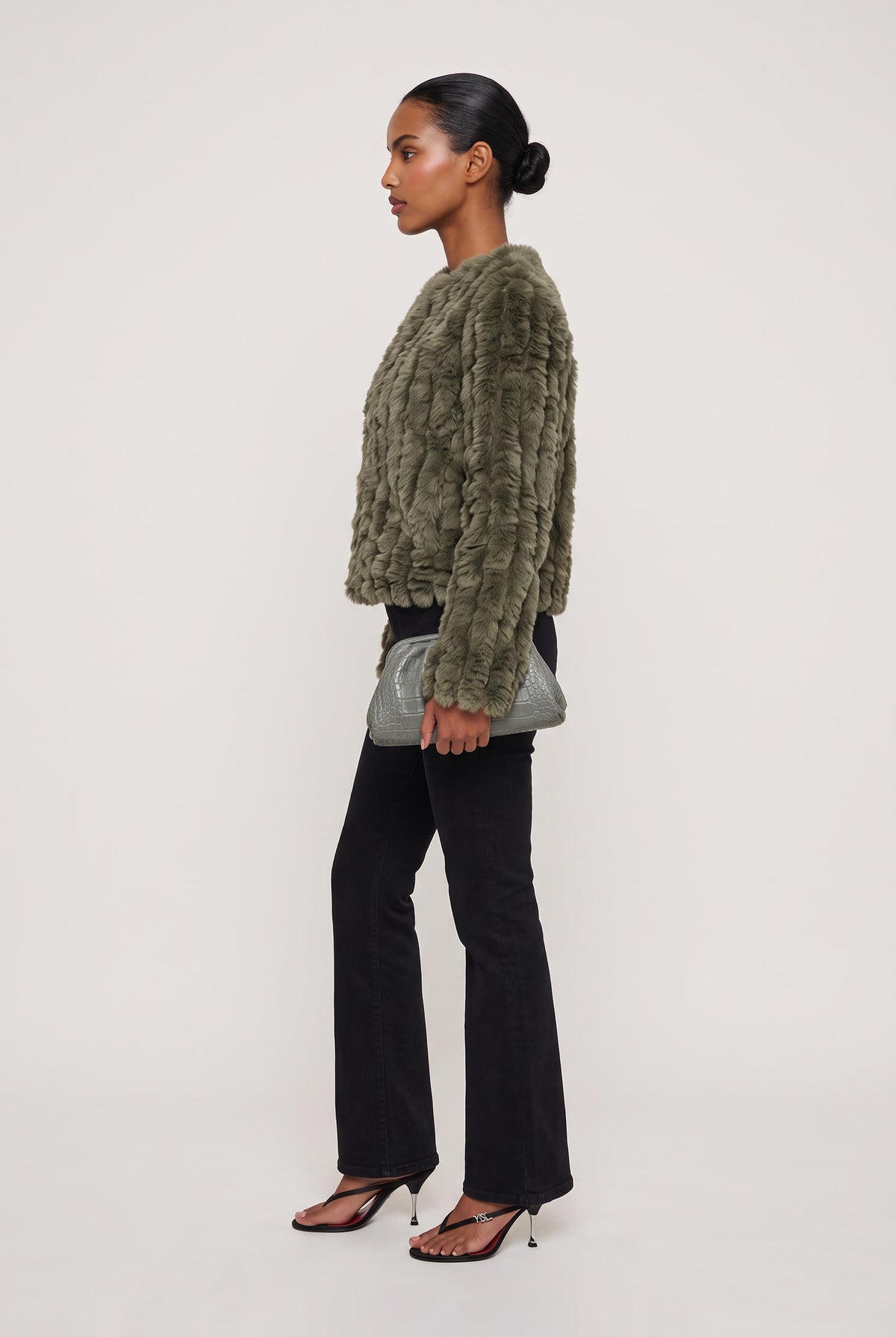
model wearing Rosa Jacket posing Side View