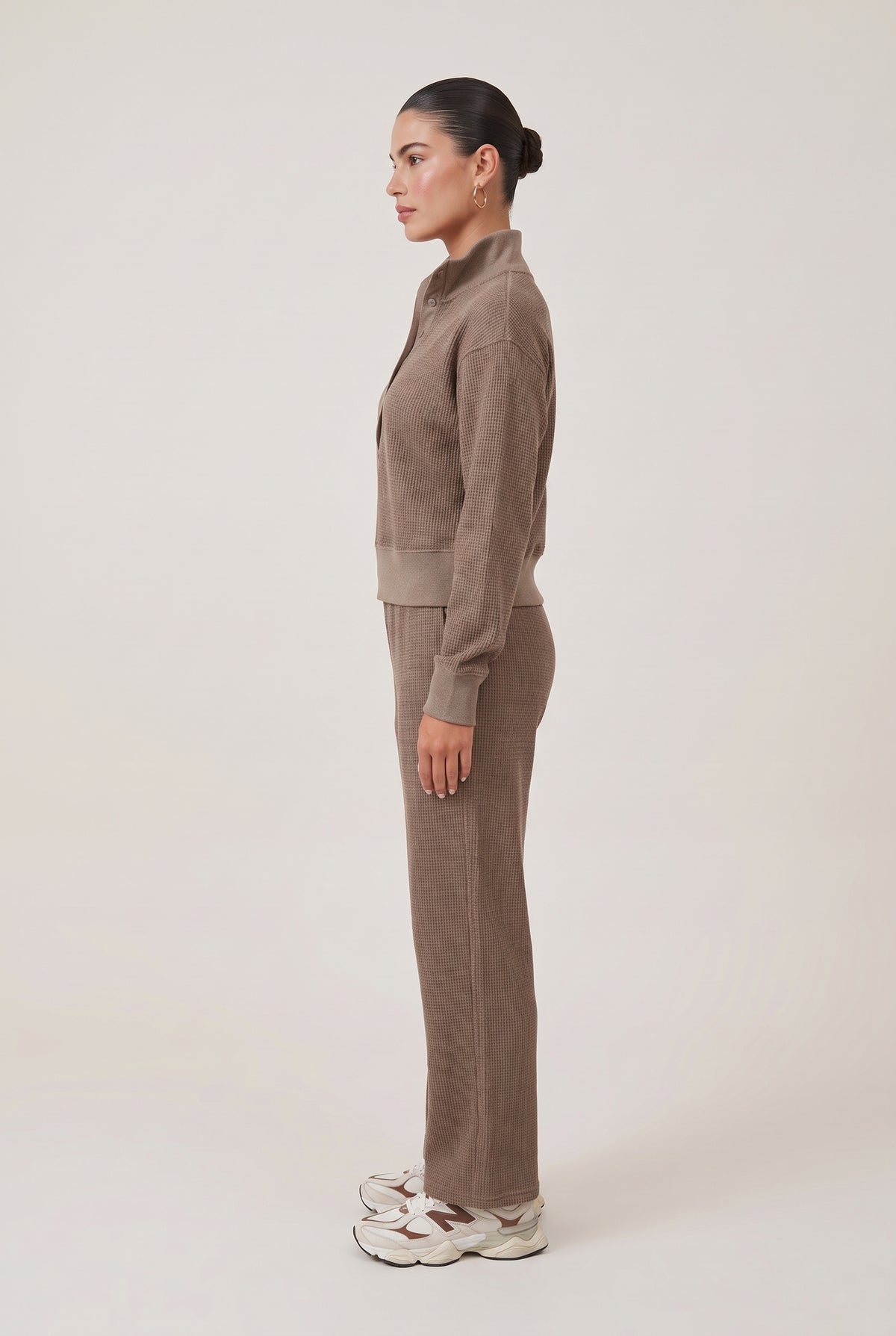 [MOCHA] model wearing Fireside Waffle Wide Leg posing Side View