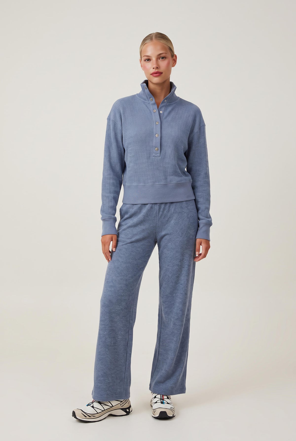 [DENIM] model wearing Fireside Waffle Wide Leg posing Front View