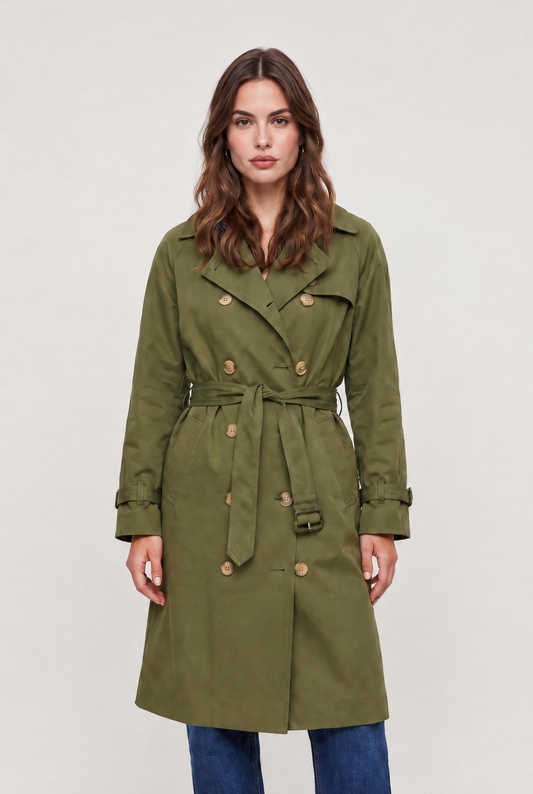 
model wearing Color Washed Trench posing Front View