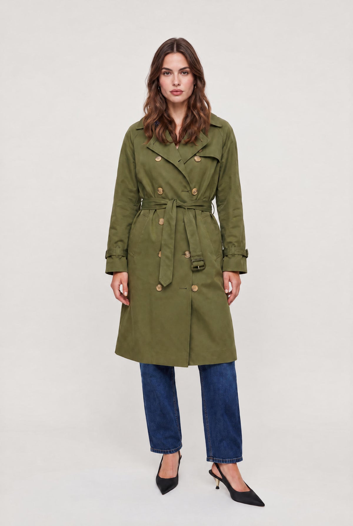 
model wearing Color Washed Trench posing Front View