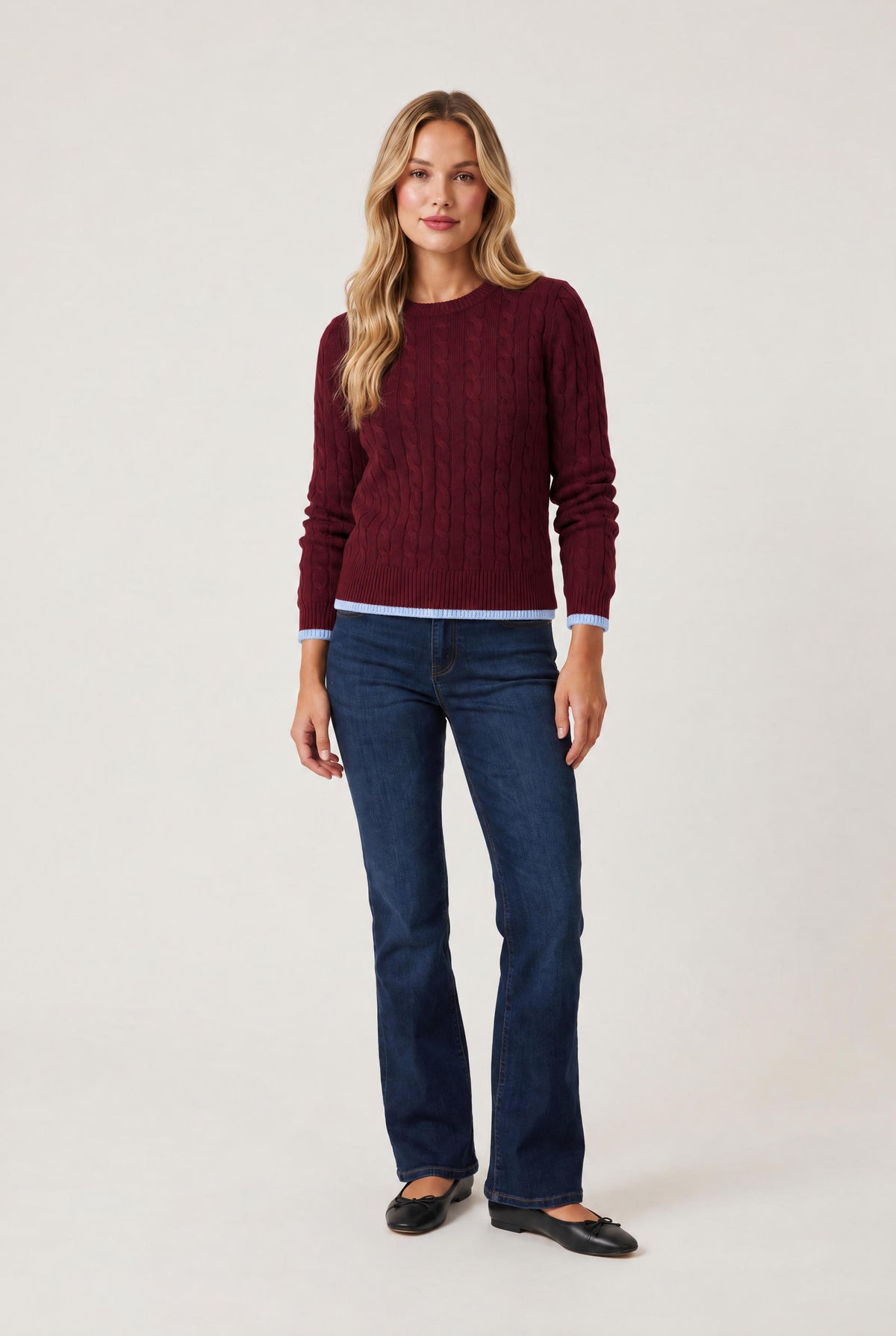 
model wearing Maxwork Cable Pullover Sweater posing Front View