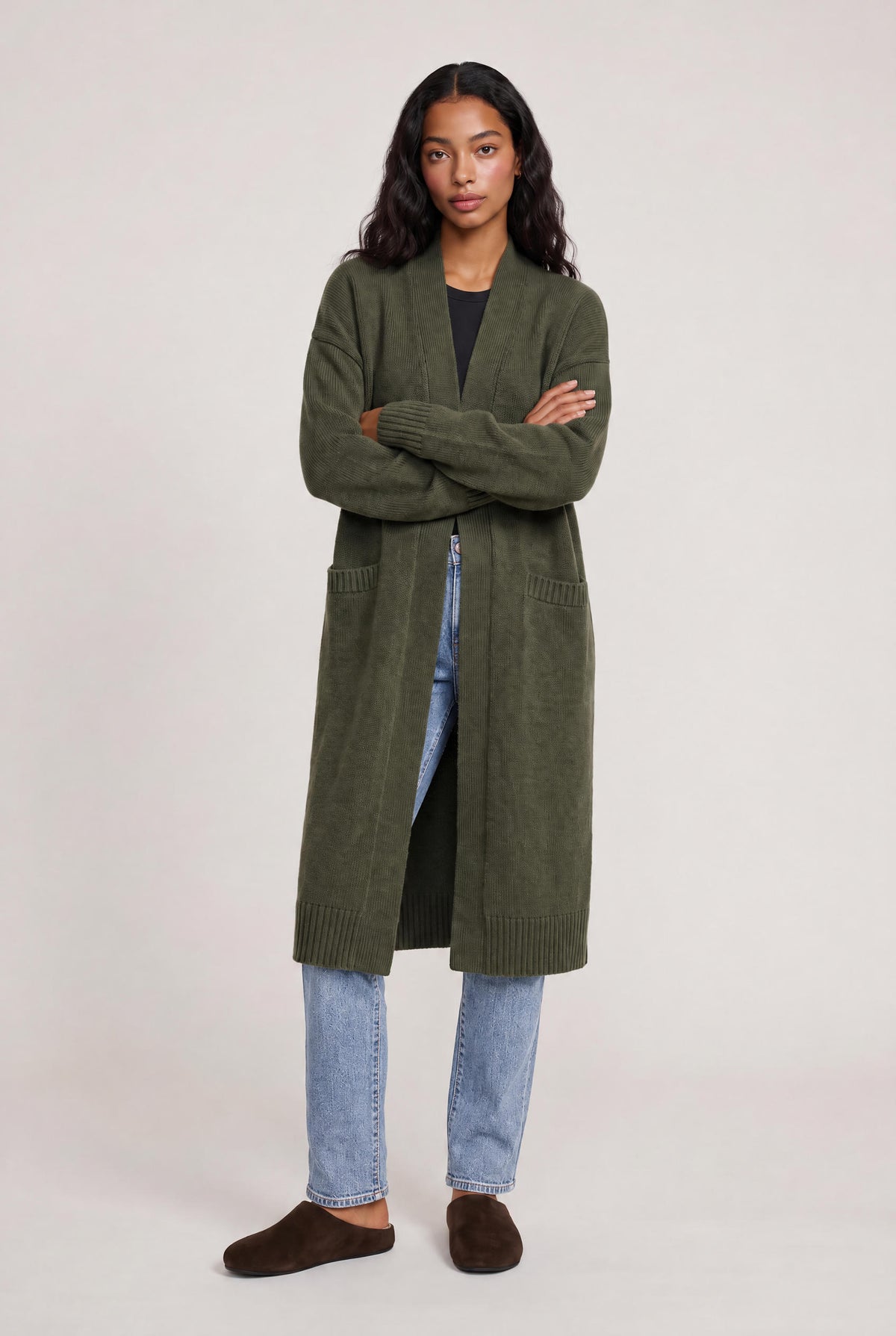 
model wearing Mercer Loved Duster posing Front View