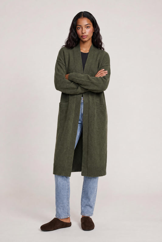 
model wearing Mercer Loved Duster posing Front View
