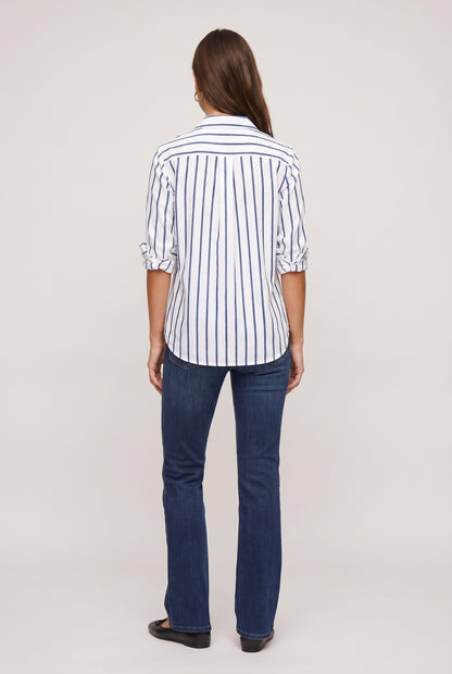 
model wearing Mia Stripe Button Down Shirt posing Back View