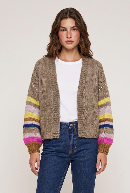 
model wearing Sienna Stripe Cardigan posing Front View