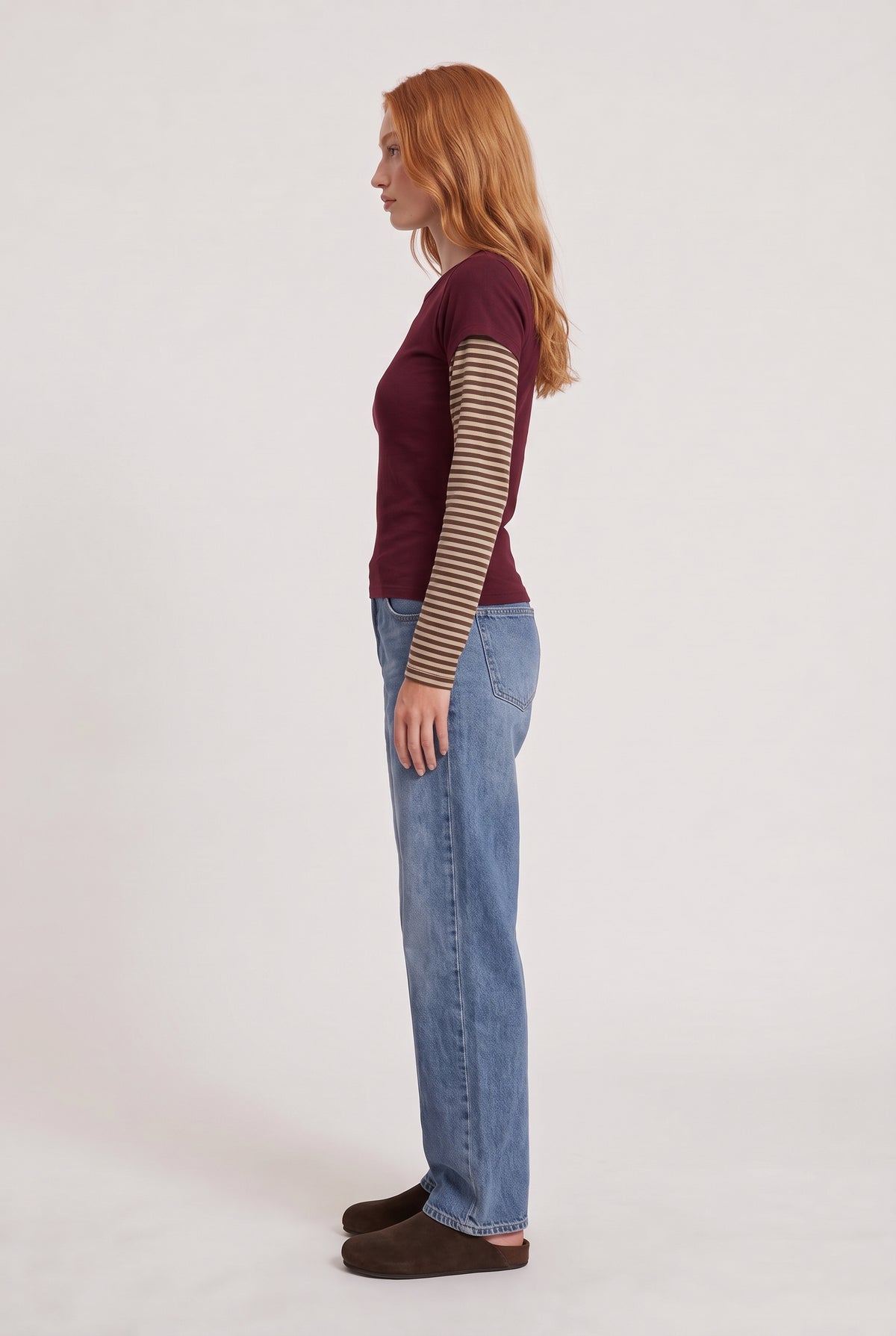 [RED] model wearing Bloom Layered Long Sleeve posing Side View