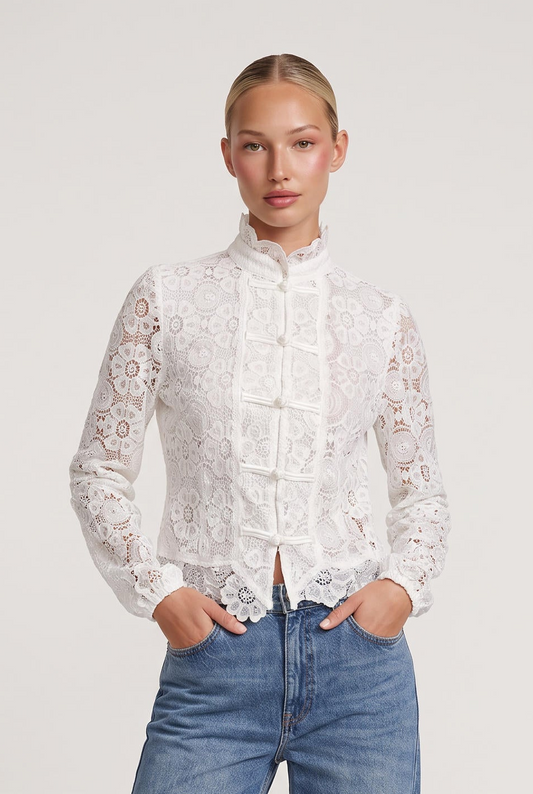 
model wearing Overtime Blouse posing Front View