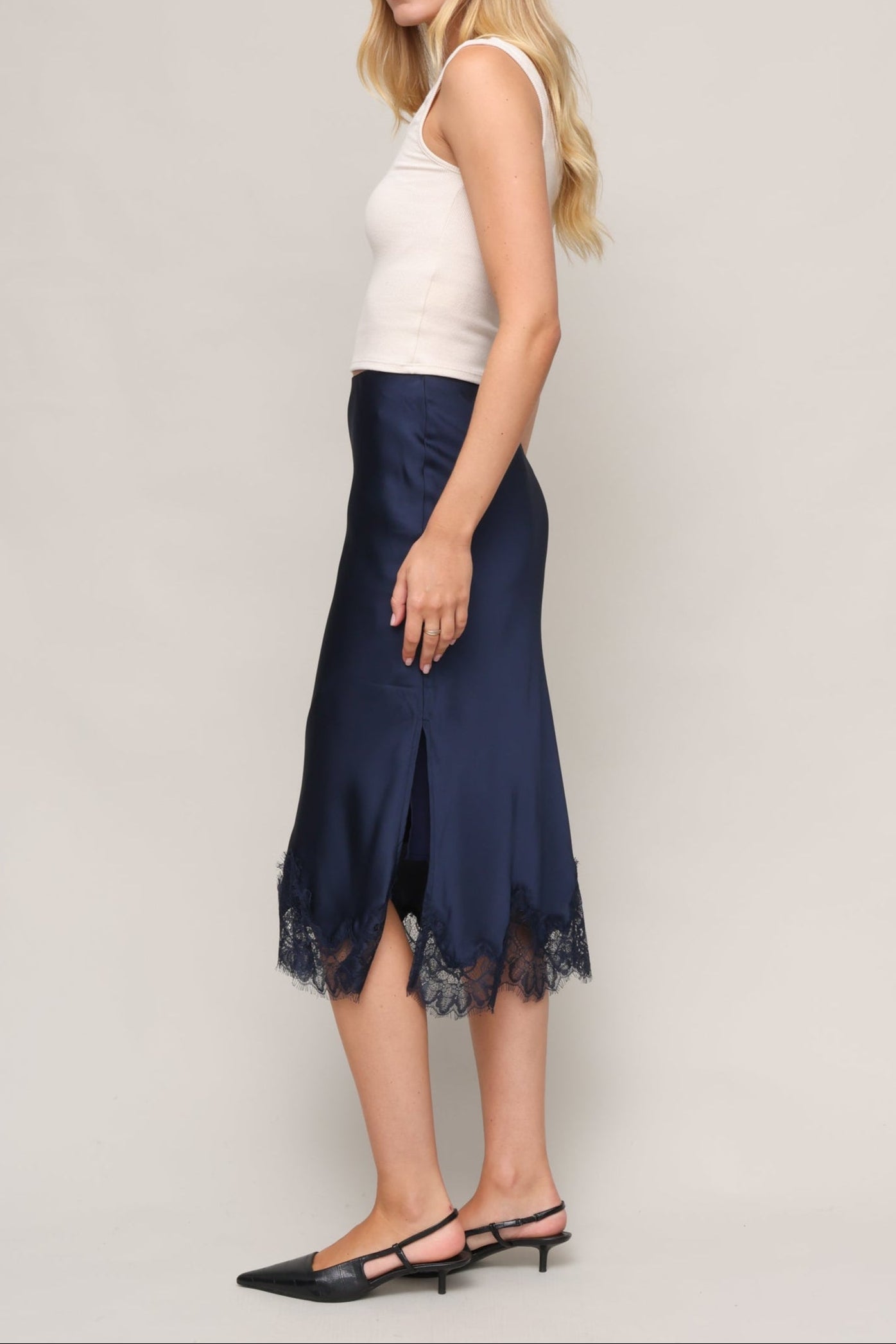 Gab & Kate Luna Lace Trim Slip Skirt | Satin Midi Skirt – Mixology