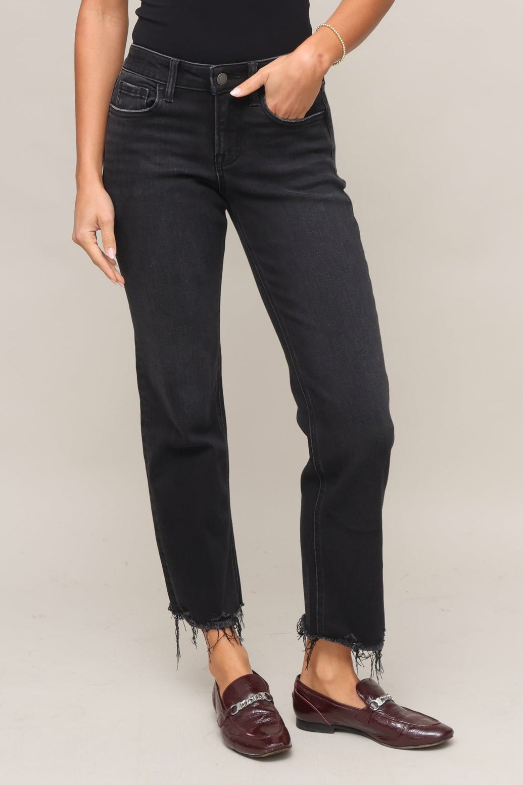 Mid Rise Raw Hem Ankle Straight