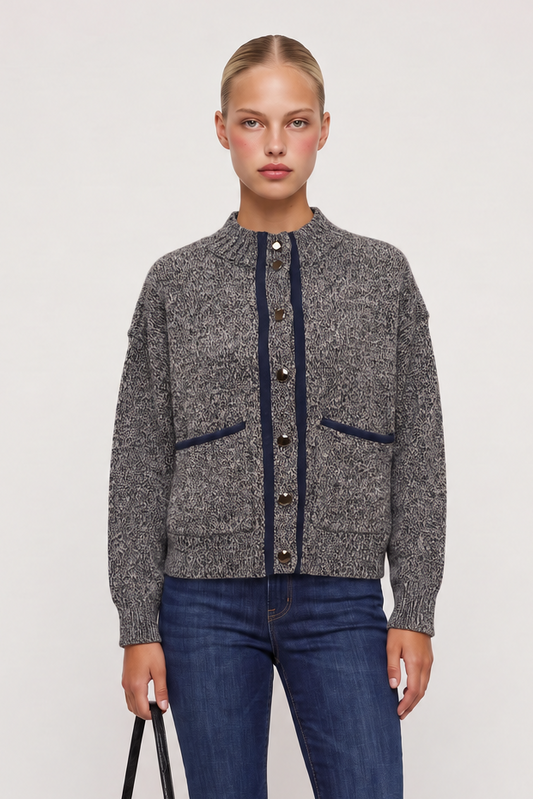 
model wearing Drew Buttoned Cardigan posing Front View