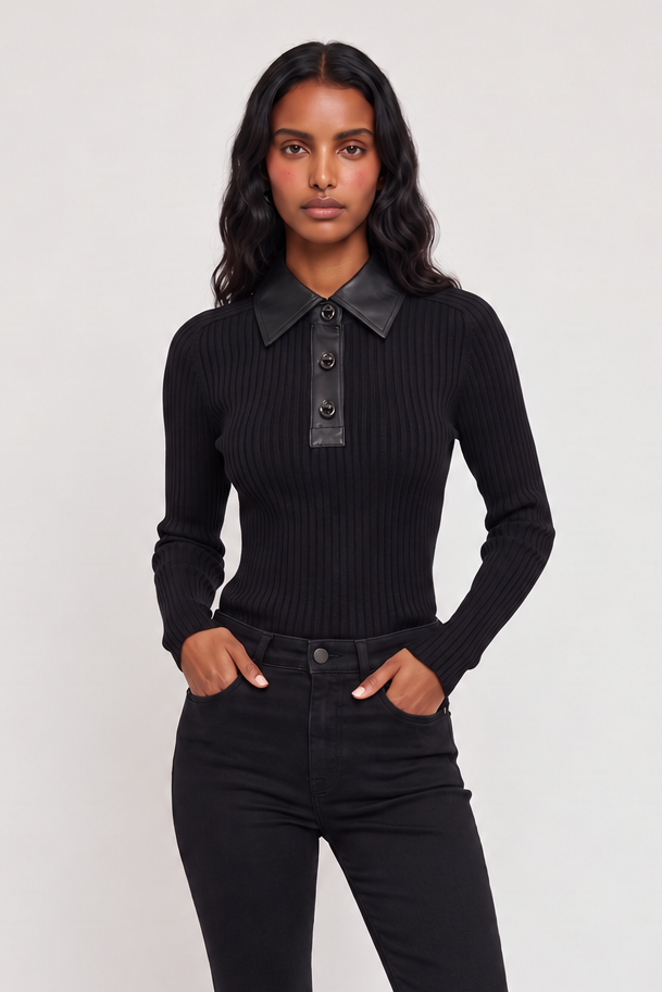 
model wearing Lennox Ribbed Faux Leather Top posing Front View