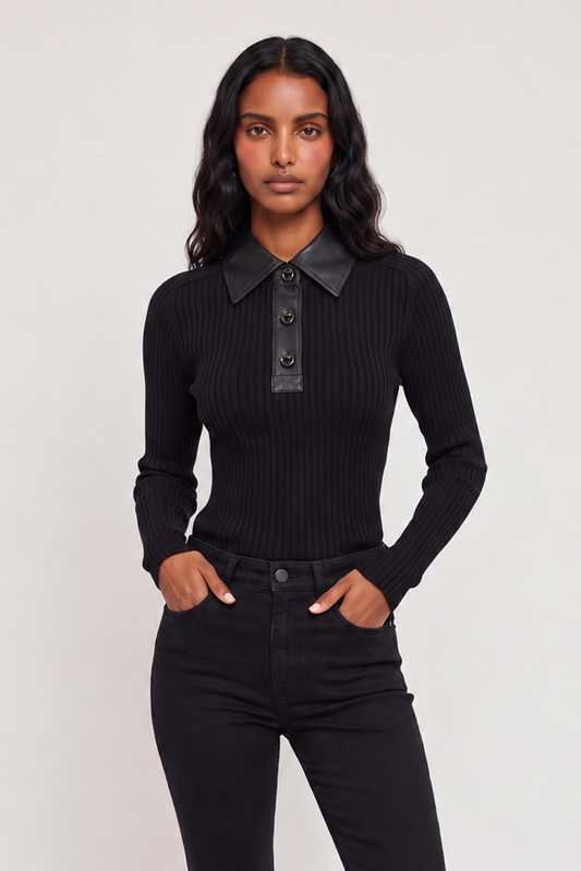 
model wearing Lennox Ribbed Faux Leather Top posing Front View