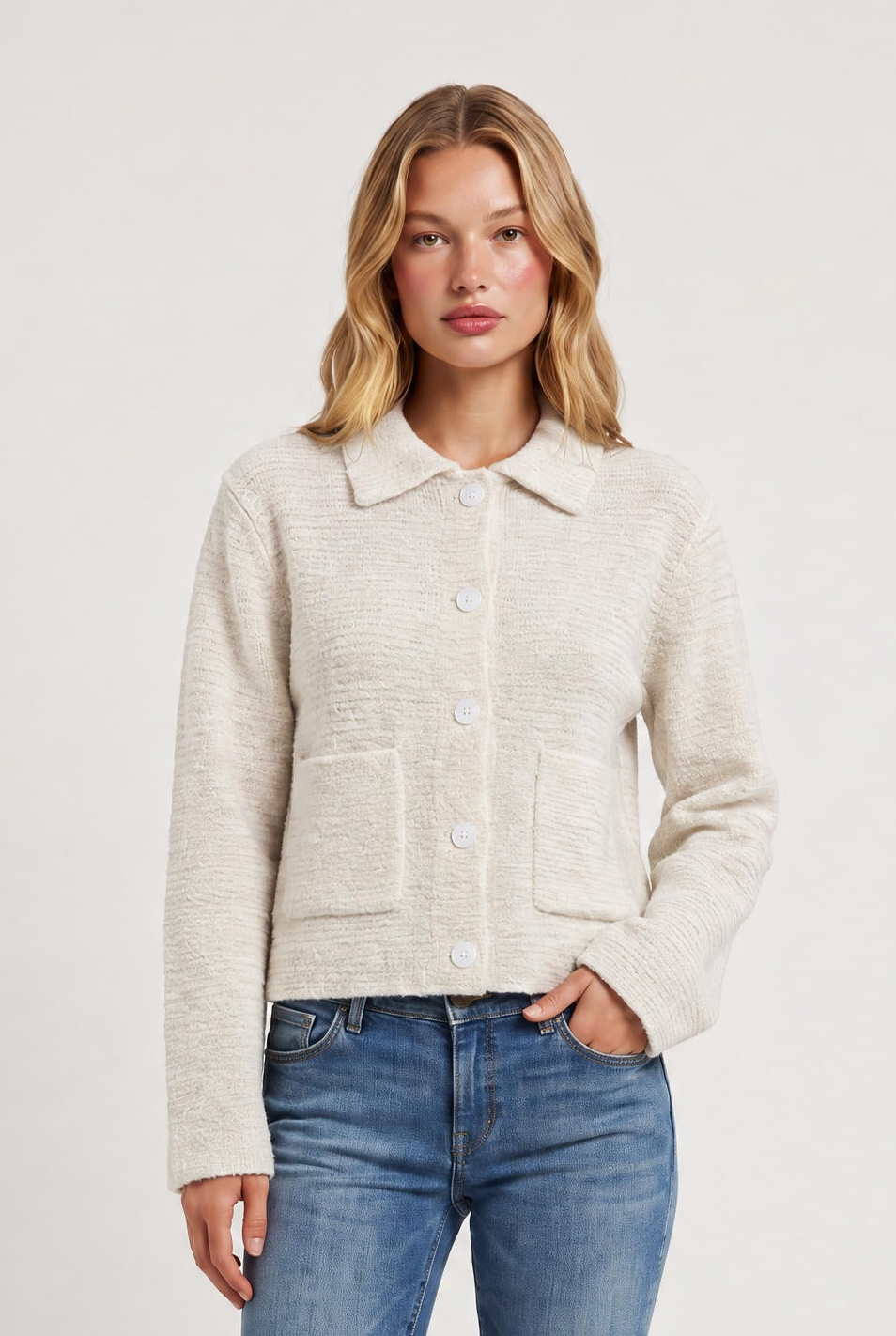 
model wearing Boxy Knit Cardigan Jacket posing Front View