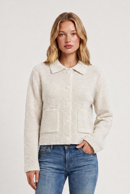 
model wearing Boxy Knit Cardigan Jacket posing Front View