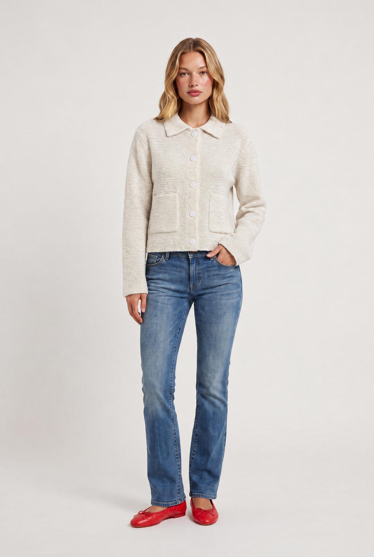 
model wearing Boxy Knit Cardigan Jacket posing Front View