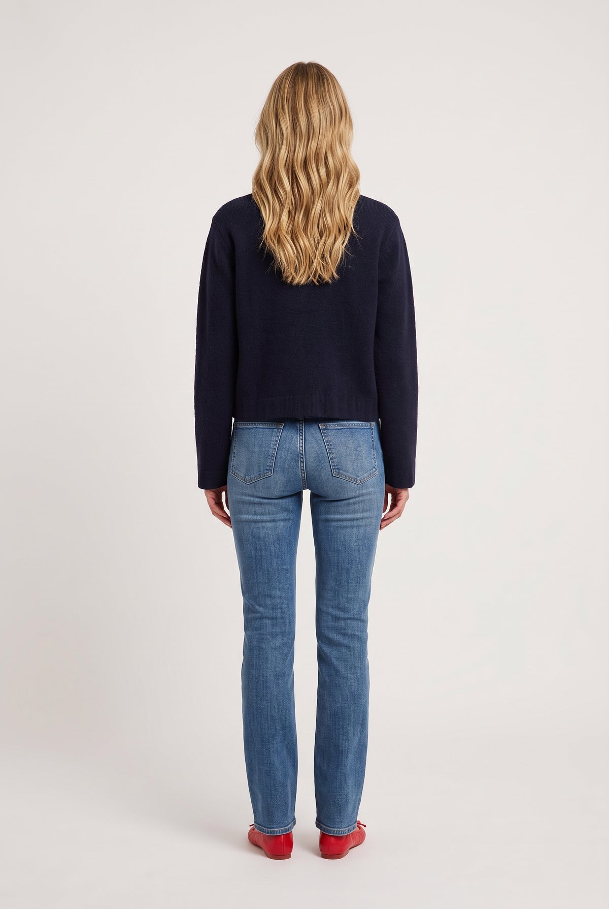 
model wearing Boxy Knit Cardigan Jacket posing Back View