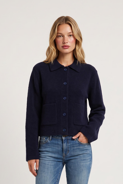 
model wearing Boxy Knit Cardigan Jacket posing Front View