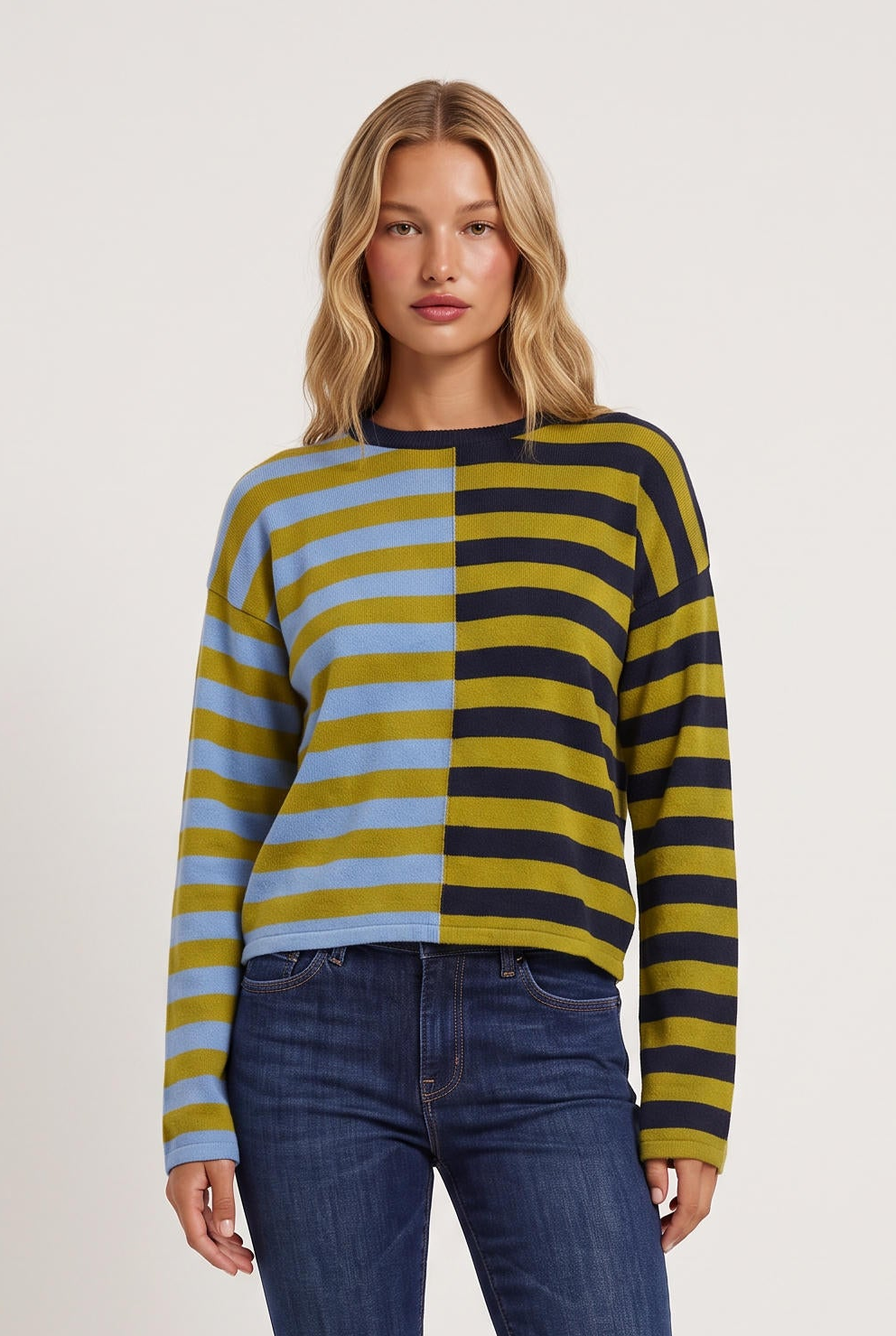 [BLUE] model wearing Stripe Nouvella posing Front View