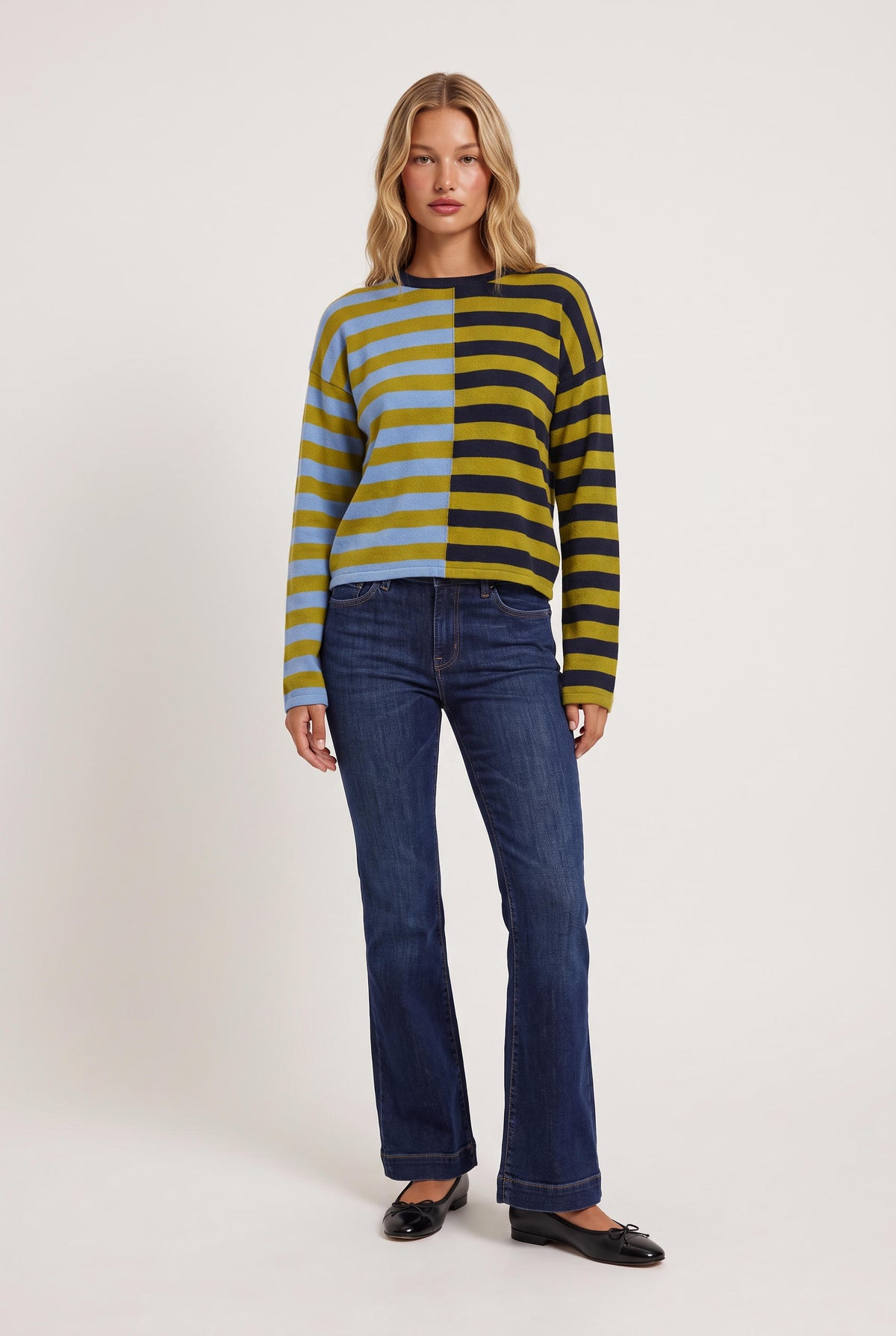 
model wearing Stripe Nouvella posing Front View