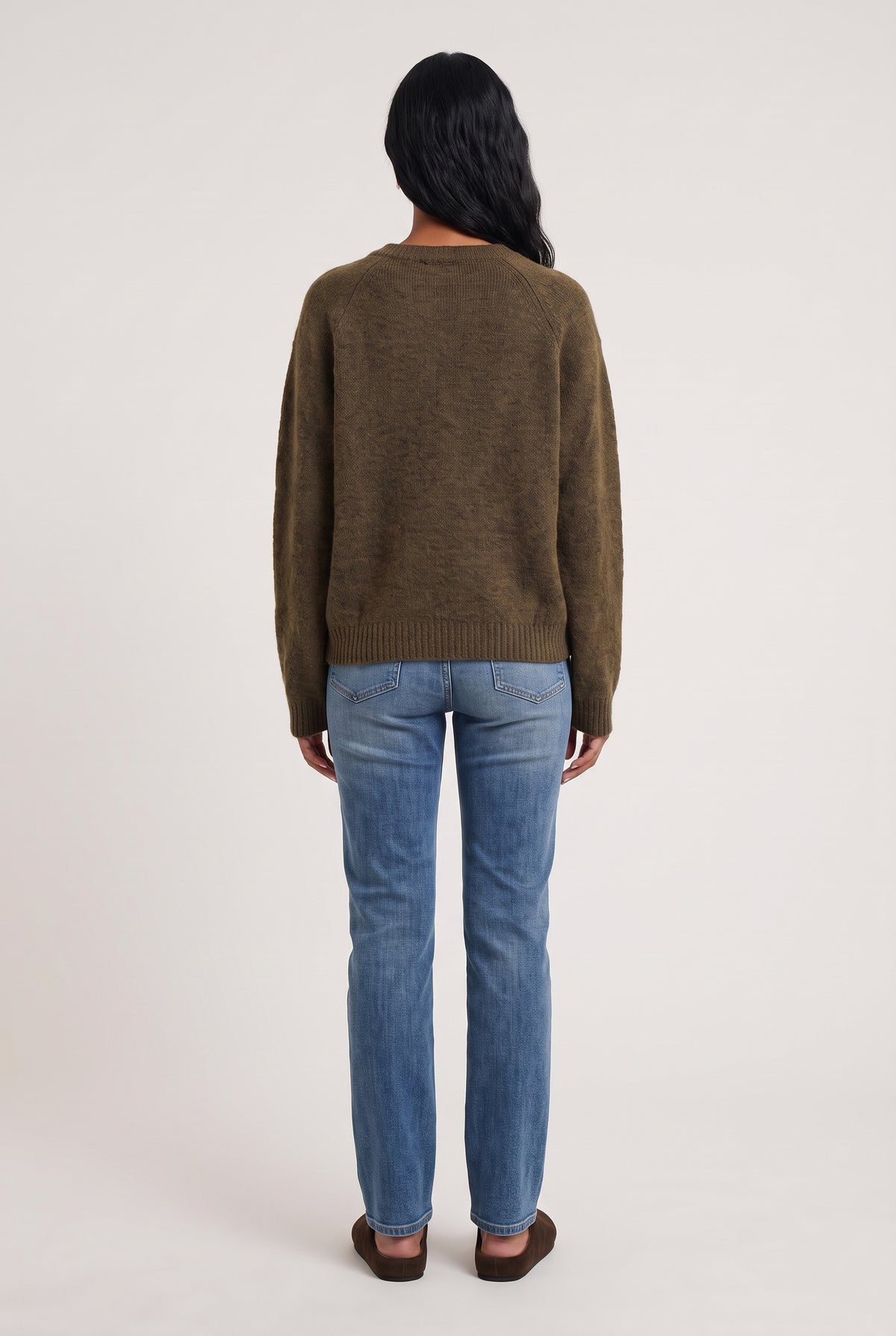 [KHAKI] model wearing Teddy Bear Knit posing Back View