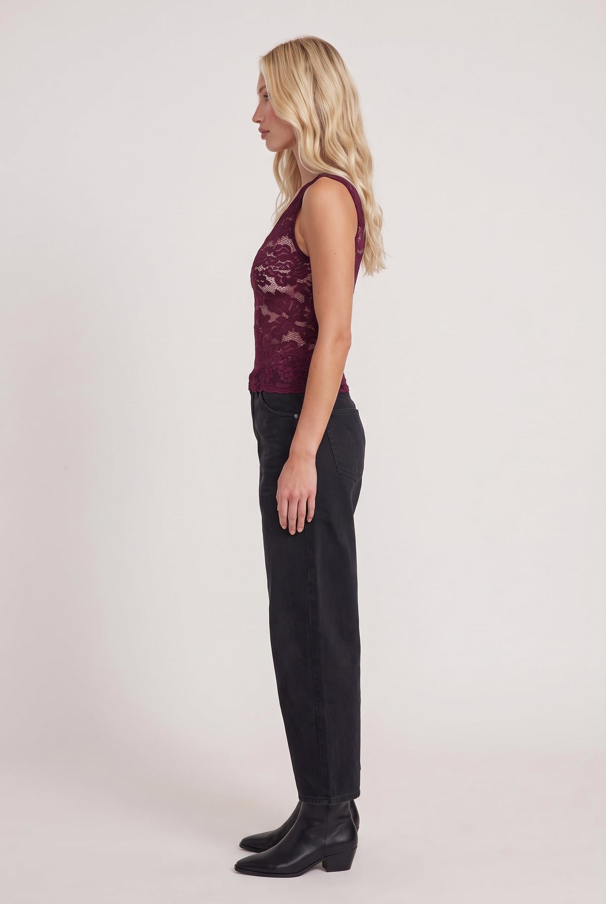 [BURG] model wearing Candace V-neck Lace Tank posing Side View
