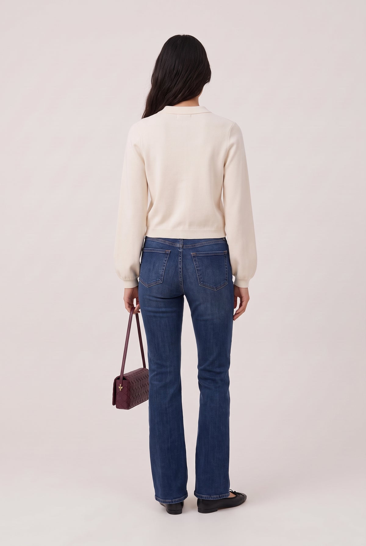 [IVORY] model wearing Collared Button Down Cardigan posing Back View