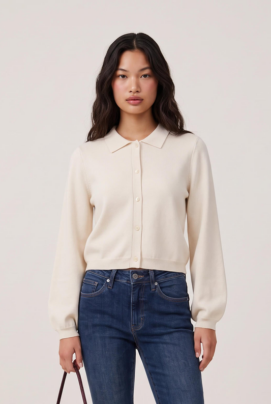 
model wearing Collared Button Down Cardigan posing Front View
