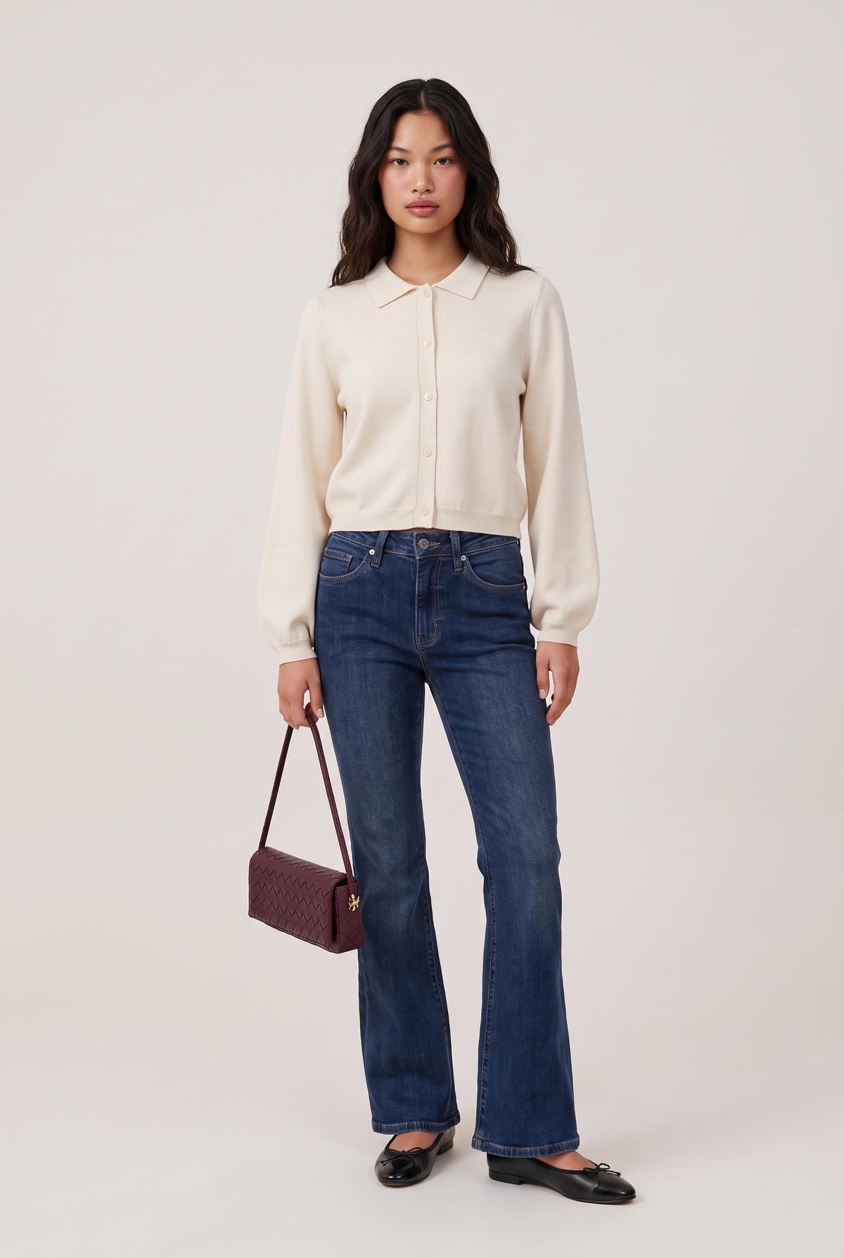 [IVORY] model wearing Collared Button Down Cardigan posing Front View