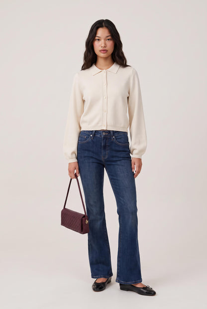 
model wearing Collared Button Down Cardigan posing Front View