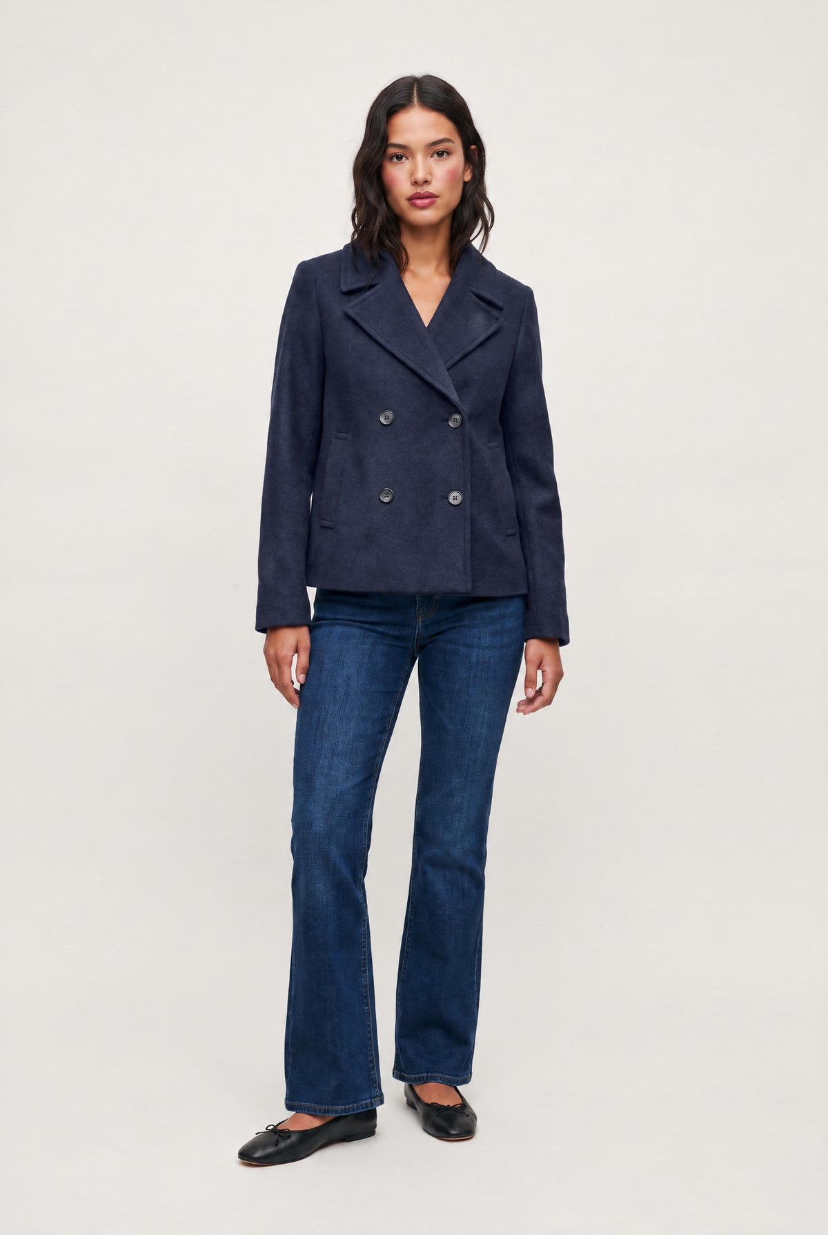 
model wearing Double Breasted Peacoat posing Front View