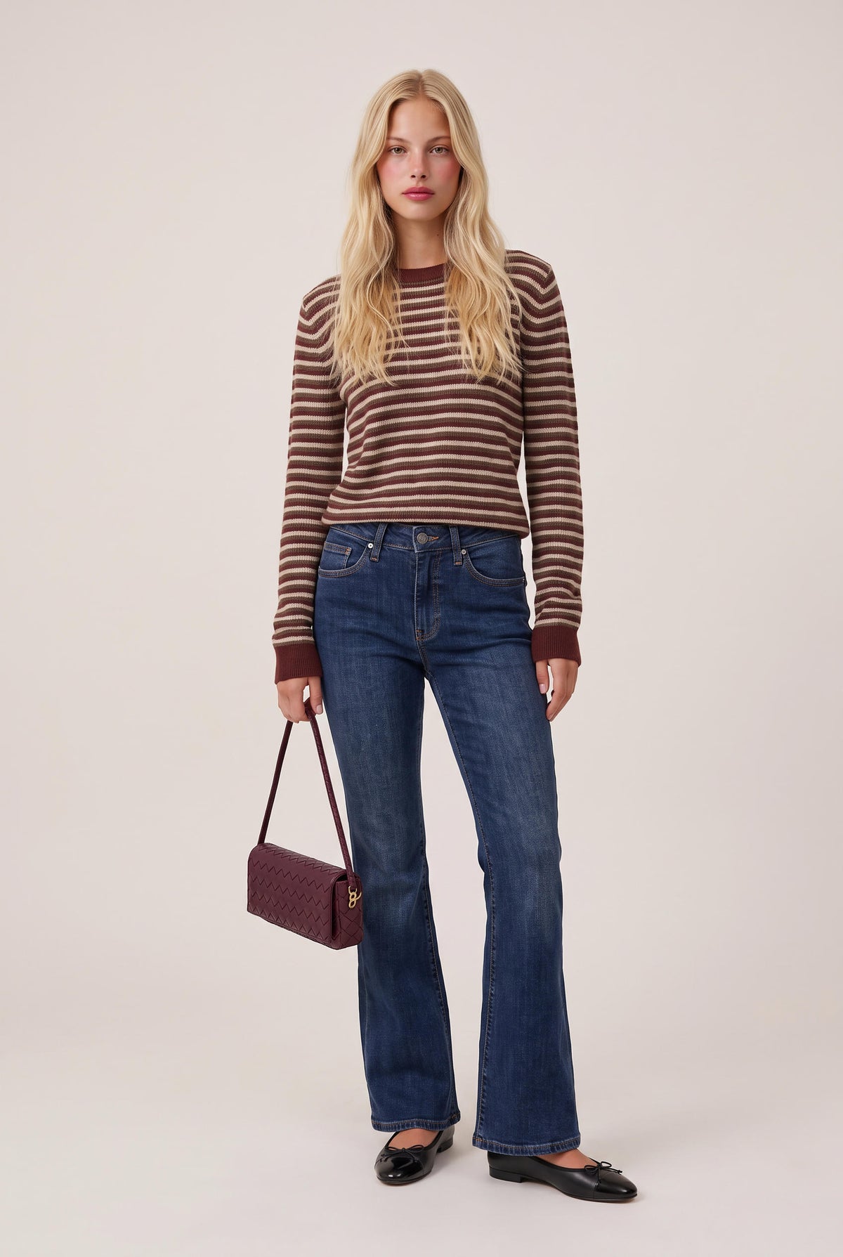 [RED] model wearing Gianna Stripe Long Sleeve Top posing Front View
