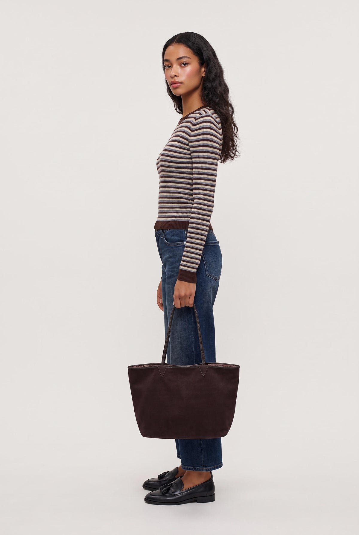 [BROWN] model wearing Gianna Stripe Long Sleeve Top posing Front View