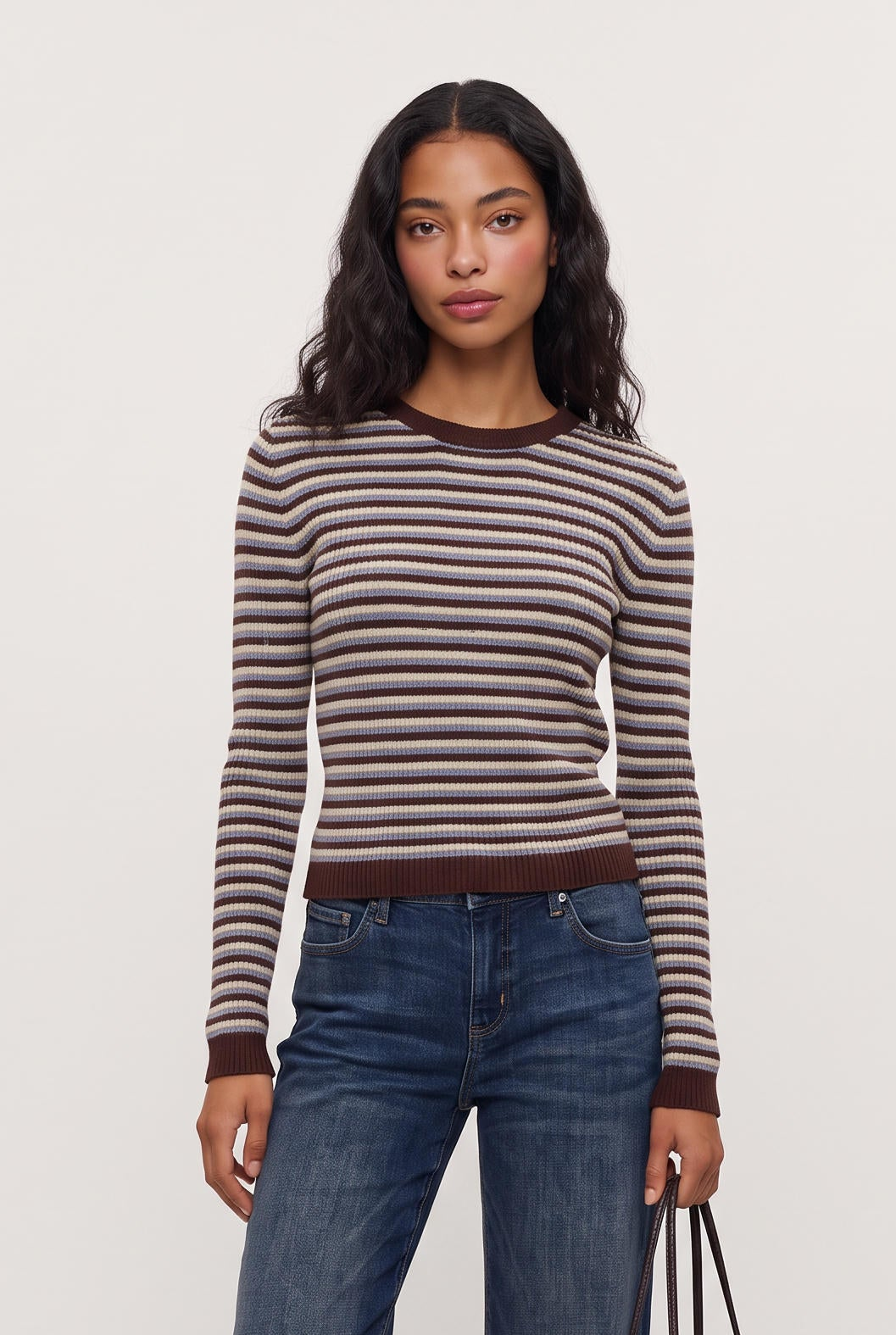 
model wearing Gianna Stripe Long Sleeve Top posing Front View