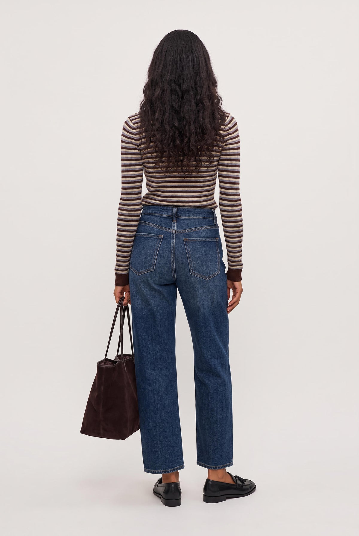 [BROWN] model wearing Gianna Stripe Long Sleeve Top posing Front View