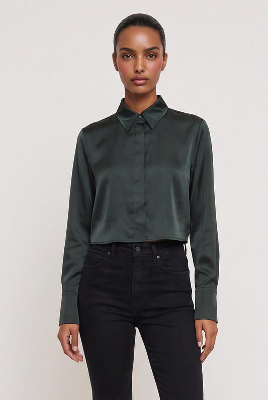 
model wearing High Low Satin Shirt posing Front View