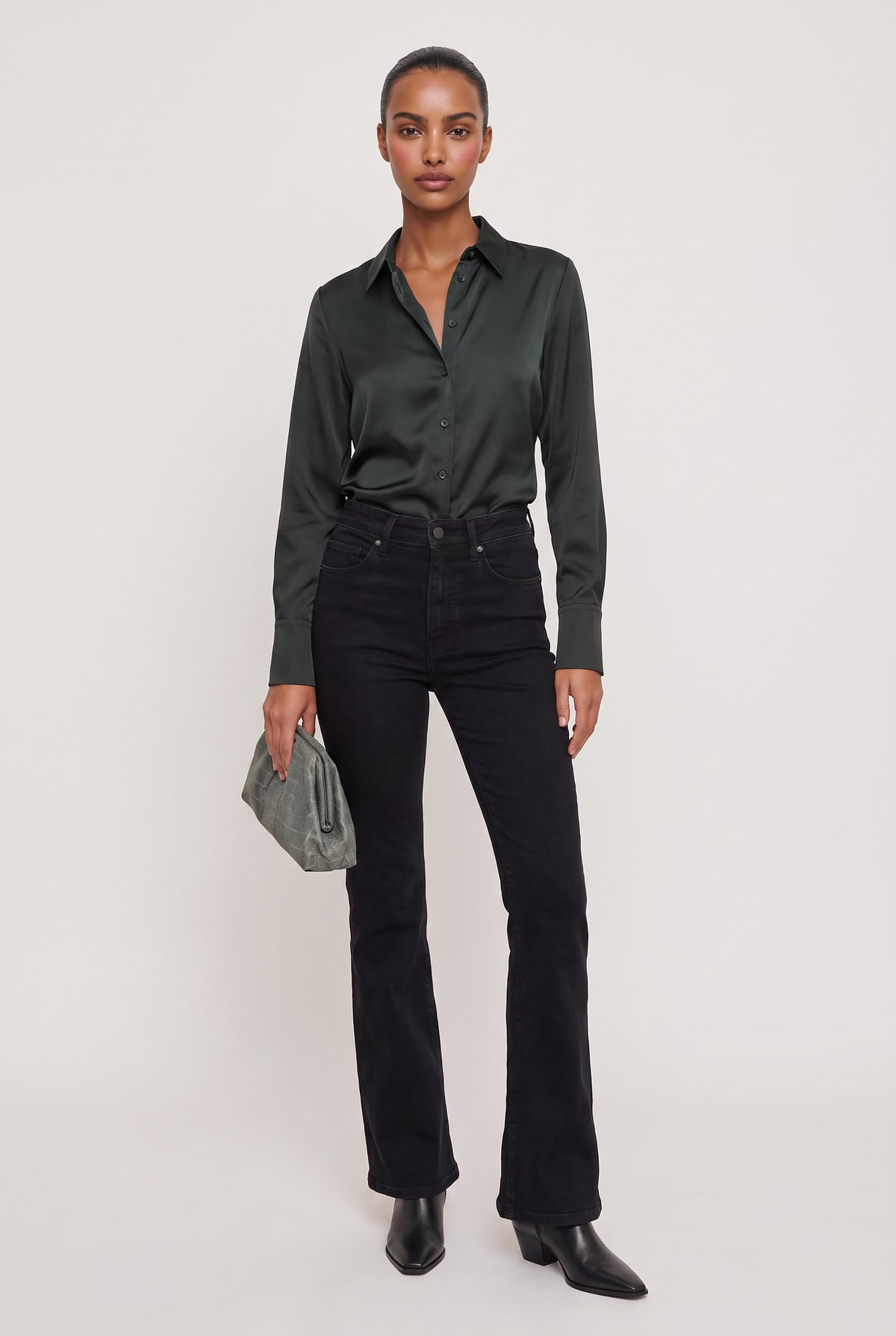 [EMERALD] model wearing High Low Satin Shirt posing Front View