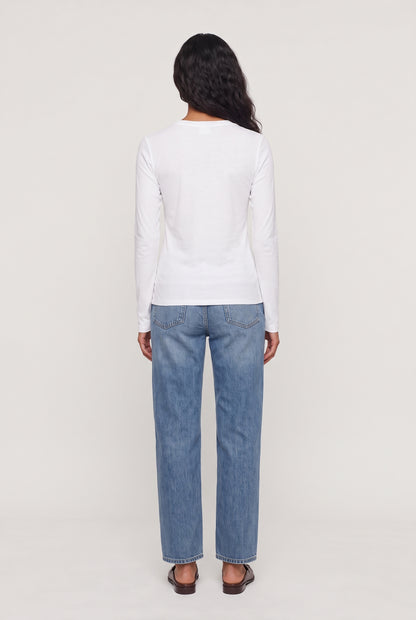
model wearing Long Sleeve Crewneck Shirt posing Back View
