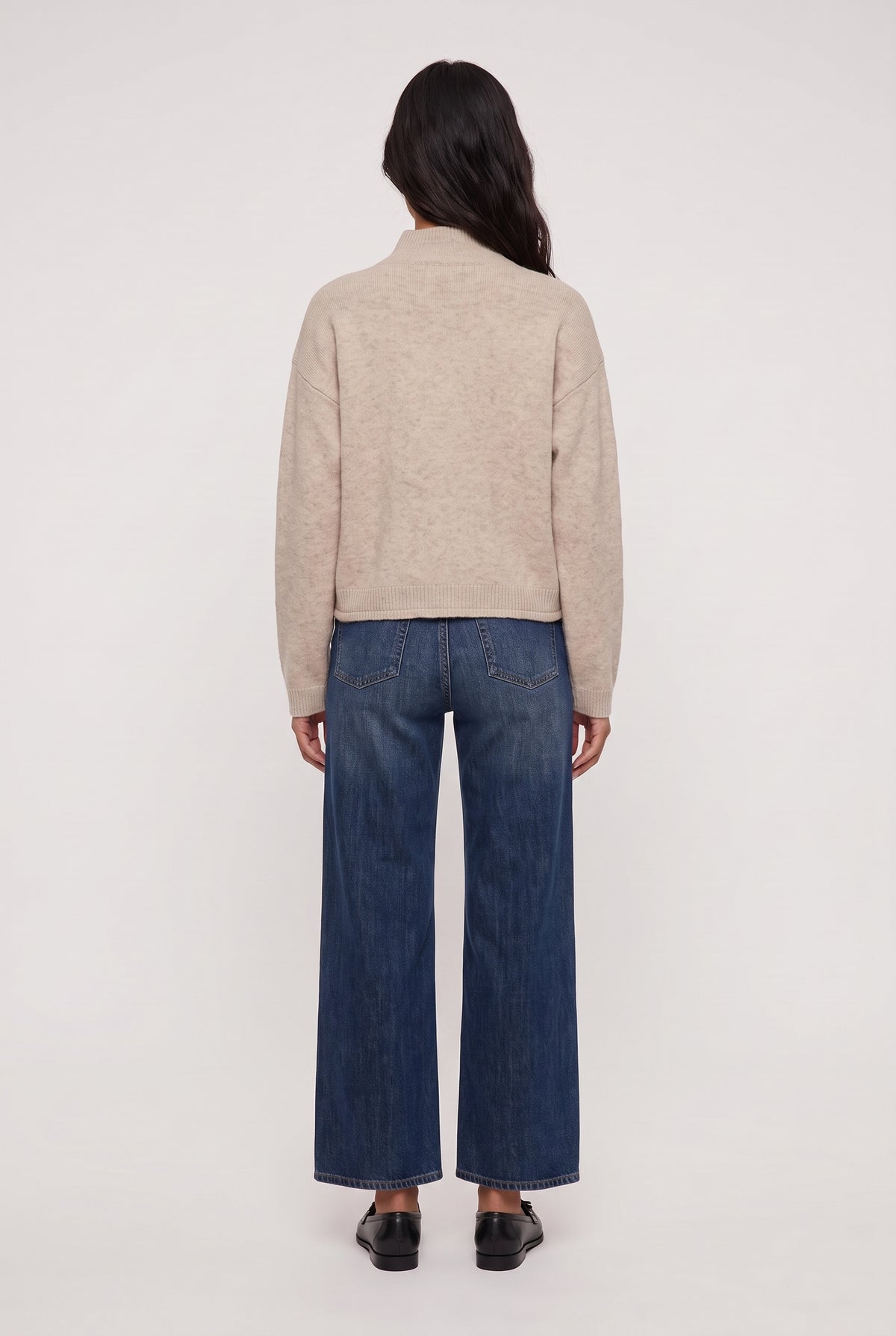 
model wearing Main Line Covered Button Sweat posing Back View