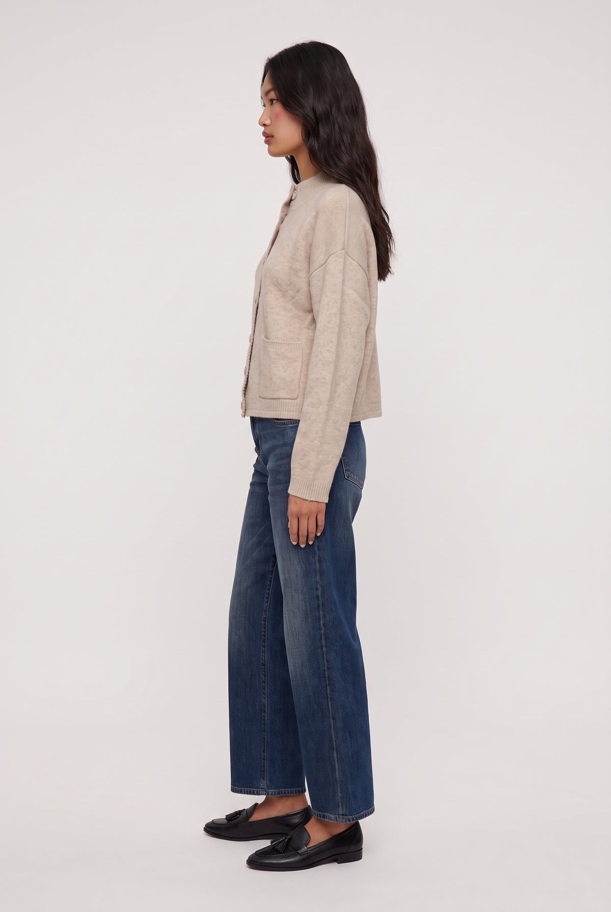 
model wearing Main Line Covered Button Sweat posing Side View