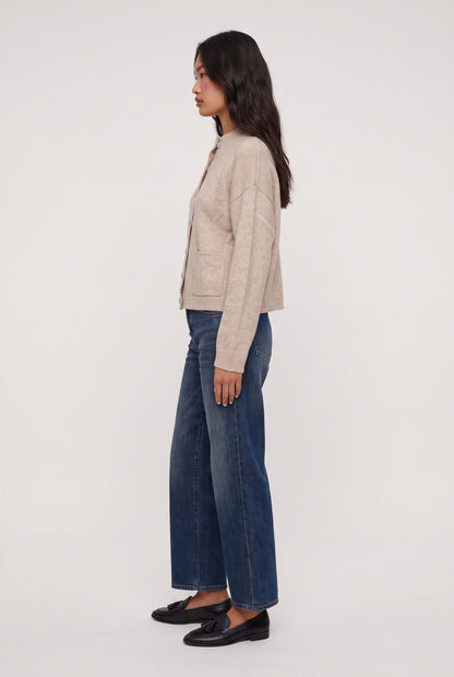 
model wearing Main Line Covered Button Sweat posing Side View
