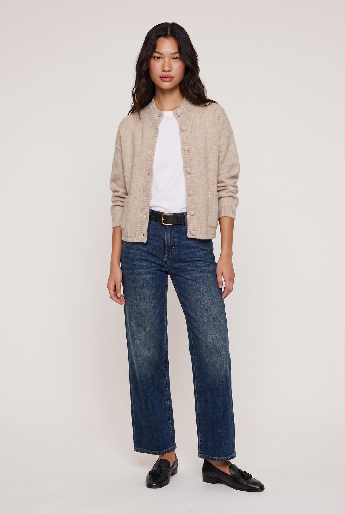 
model wearing Main Line Covered Button Sweat posing Front View