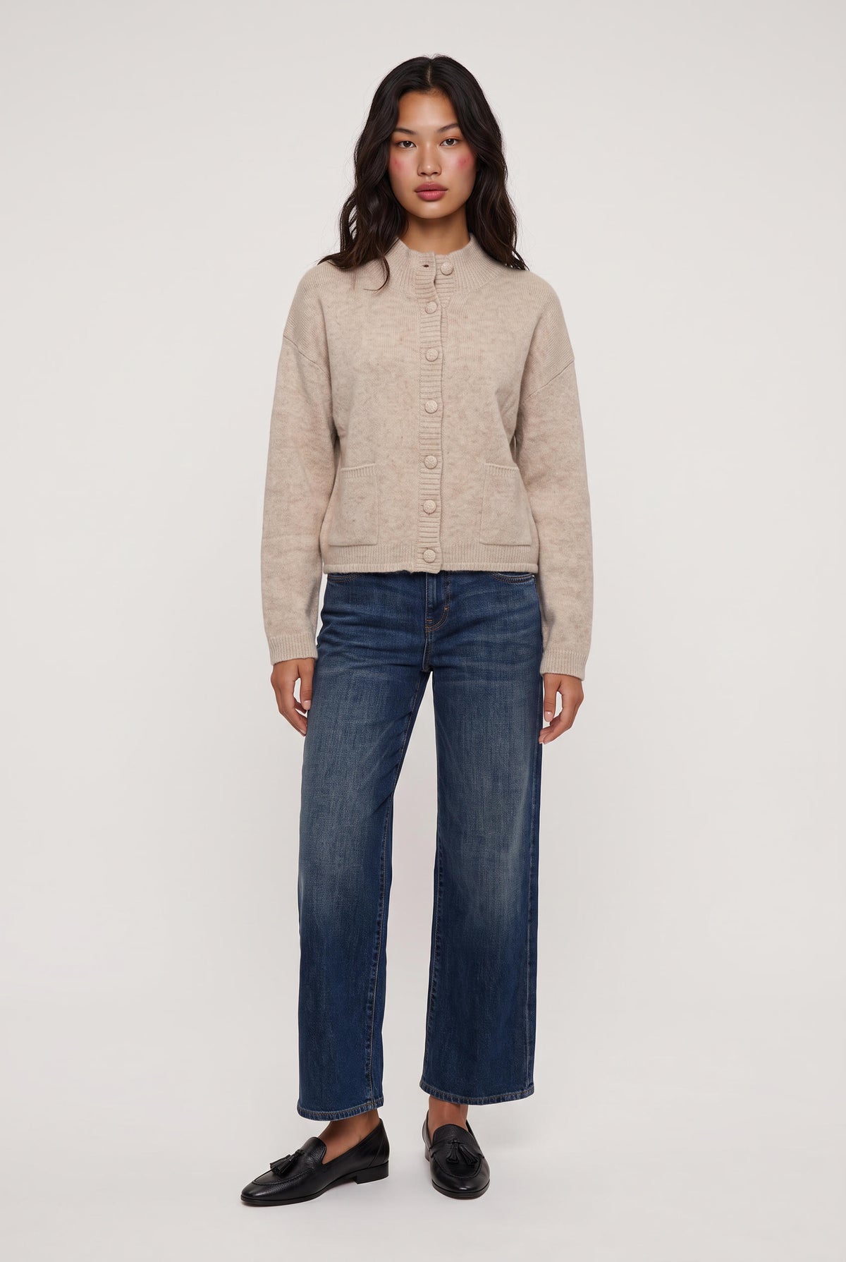 [CREAM] model wearing Main Line Covered Button Sweat posing Front View