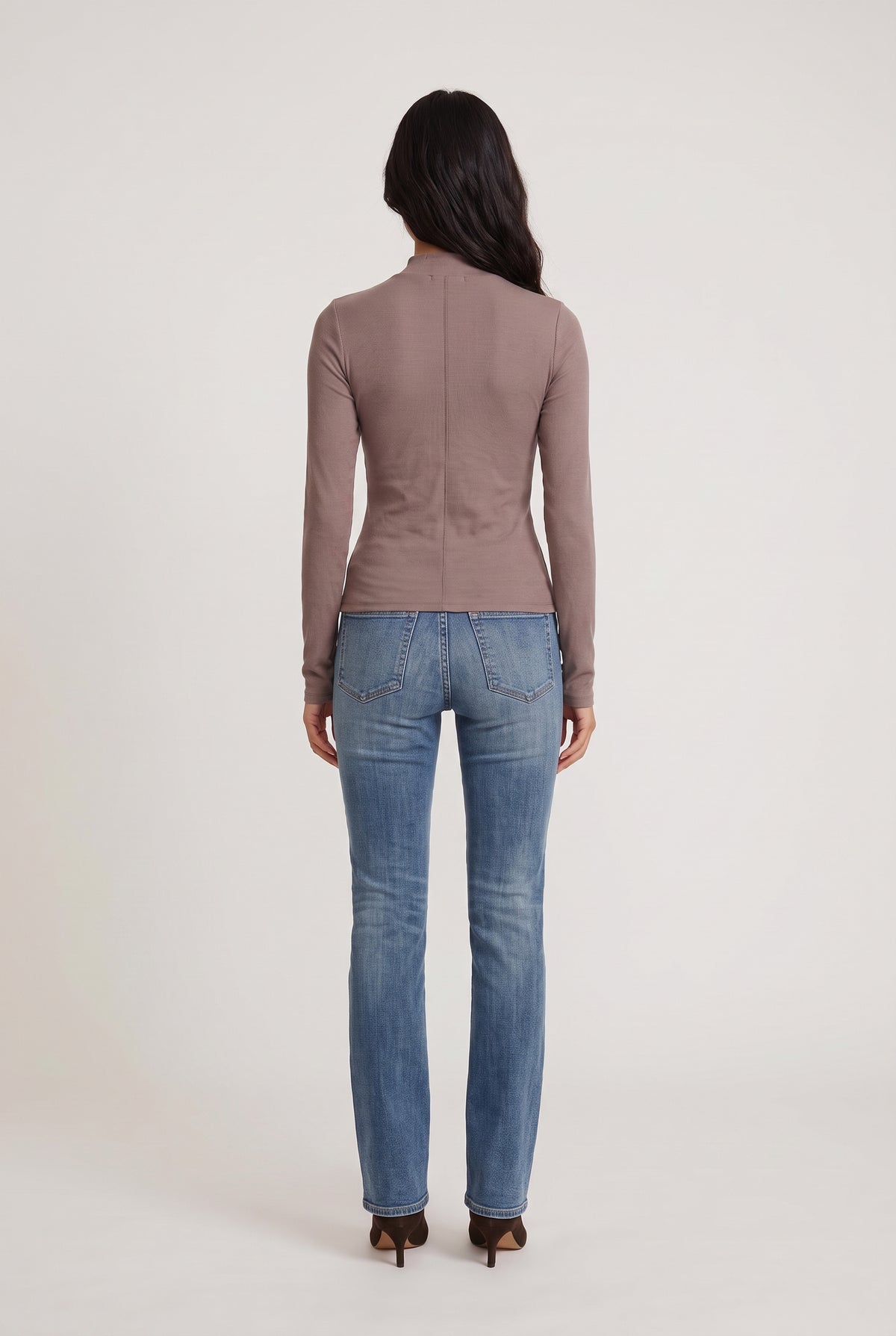 [BROWN] model wearing Mock Neck Long Sleeve Knit Top posing Back View